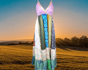 Womens Boho Hippy Beach Dress, Deep V Maxidress, Fall Maxi Dress, Colorful Euphoria Recycled Silk Maxi Dress ML