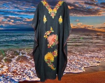Women Maxi kaftan dress, Handmade Gift, embroidered caftan, cotton, Kimono sleeve caftan, Jade Black Maxi Kaftan Dresses One size L-2XL