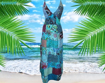 Womens Patchwork Strap Maxi Dress, Stunning Handmade Beautiful Blue Patchwork Prints Long Dresses S/M