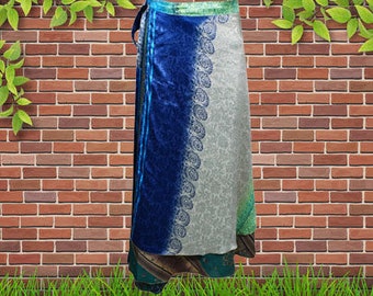 Wrap Long Skirt, Blue Printed Silk sari wrap skirt, Beach Skirt, Reversible saree skirt, one size silk wrap skirt with tie