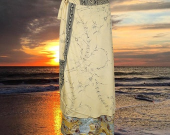 Womens Wrap Long Skirt, gift, Sari Skirts, Beach Cover Up, Beige Printed Two Layer Silk Sari Skirts, Magic Wrap Around Skirts One size