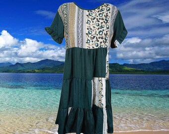 Boho Resort Dress, Breezy Evergreen Recycle Silk, Handmade, Flowy Summer Beach Sundress M