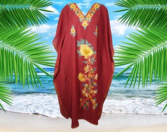 Womens Caftan Maxi Dress, Handmade Red Floral Embroidered Kimono Dress, Cover Up Oversize Stylish Maxi Kaftan Dresses One size ,L-2XL