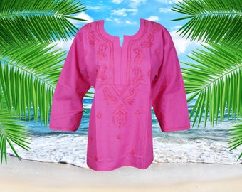 Pure Cotton, Embroidered Tunic, Top, Kurti, Handmade Pink Paisley Hand Emroidered Tunic Top, Summer Hippie Tunic M