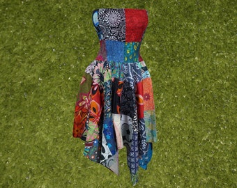 Women’s Strapless Dress Patchwork Sundress, Blue Summer Dress, Hippie Dress Cotton Blue Beach Tube Dresses S/M