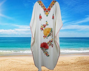 Womens Kaftan Maxidress, Travel Maxi Dresses, White Embroidered Caftan Dresses, Loose Flowy Dressy Caftan Dress One Size L-2XL
