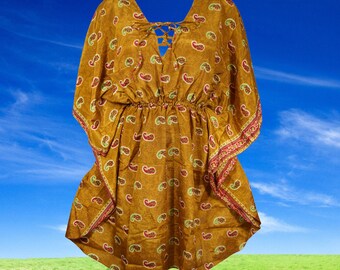 Women Beach Kaftan Short Dress, Brown Printed Summer Soft Sari Tunic Caftan Dresses, Bohemian Oversize Dress, Gift M-XL One Size