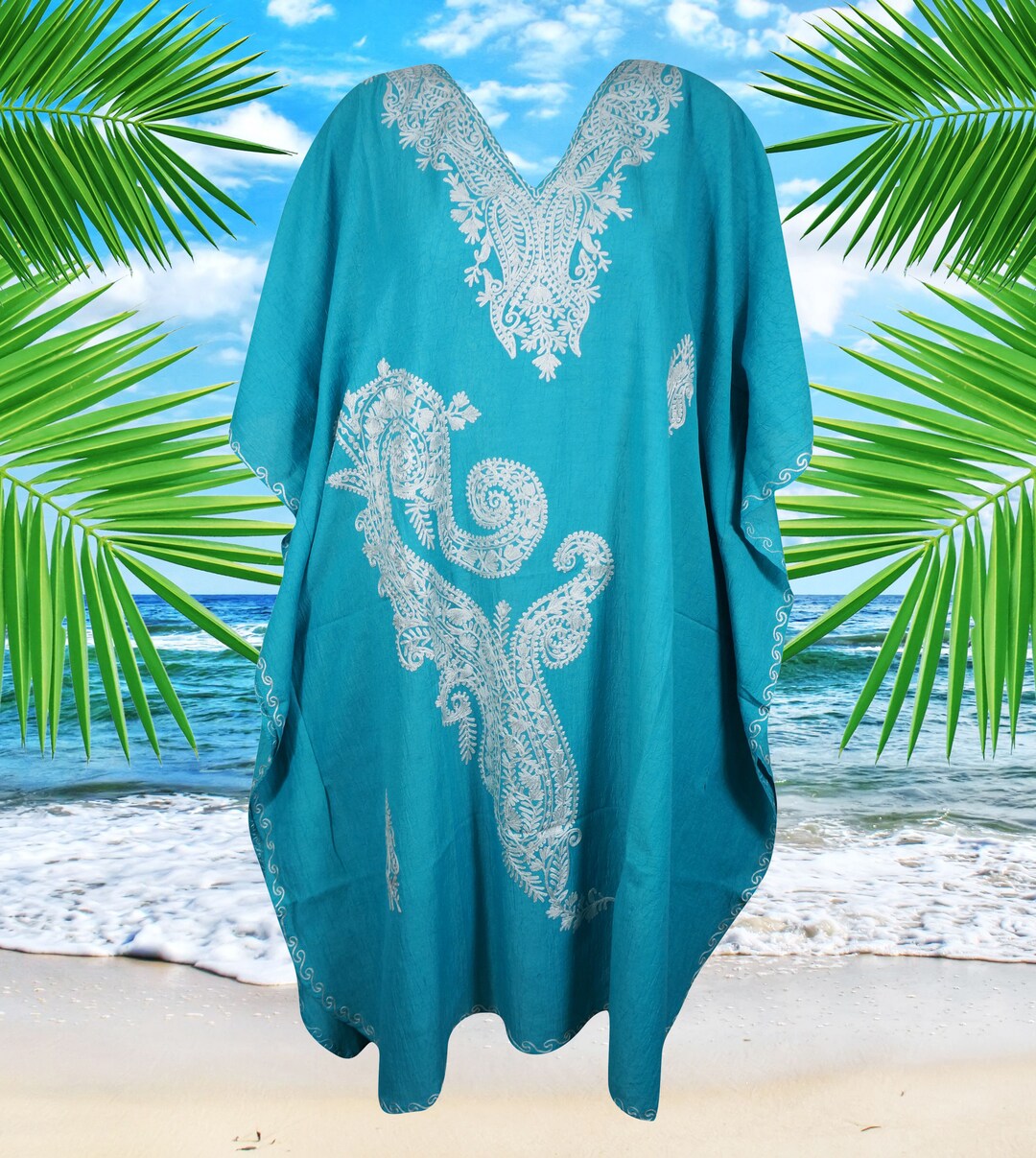 Women Short Kaftan Dress, Ocean Blue Cotton Embroidered, Oversized ...
