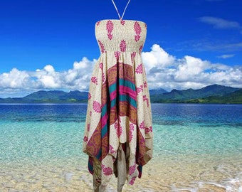 Womens Recycle Silk Halter Dress, Handmade Summer Dresses, Boho Pink White Hi Low Travel Sundress S/M