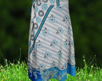 Womens Wrap Skirt, Bohemian Clothing, Short Blue White Floral Skirt, Beach Cover Up, Silk Sari Magic Wrap Around Skirts, One size