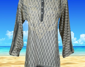 Womens Tunic Blouse, Black Gray Paisley Printed Tunic, Kurti, Bohemian Clothing, Handamde Silk Embroidered Tunic, Gift Tunic Shirt L