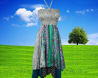 Womens Halter Dress, White Green Summer Recycled Silk Dresses, Two Layer Bohemian Travel Dresses S/M