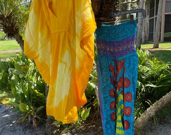 Womens Yellow Tie Dye Top, With Mandala Yoga Pants Printed Front Pockets Loose Casual Pants S/M 2pc set