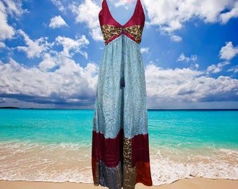 Womens Strappy Sundress, Handmade Blue Hawaii Recycled Silk Dress, Spaghetti Strap Resort Stylish Travel Dress S/M