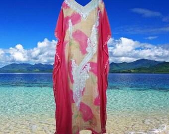 Womens Loose Kaftan Maxi Dresses, Luxury sheer Georgette Embroidered Caftan Dress, Pink kaftan abaya long dress L-4XL One Size