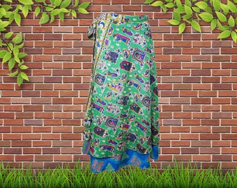 Womens Wrap Skirt, Beach Cover Up, Green Blue Printed Two Layer Silk Sari Skirts, Magic Wrap Around Skirts One size