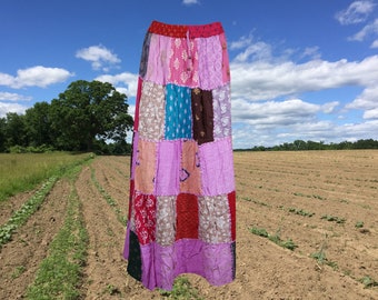 Womens Maxi Skirt, Pink Summer Skirt, Gujarati Patchwork Handmade Vintage Boho Chic Long Skirts S/M/L