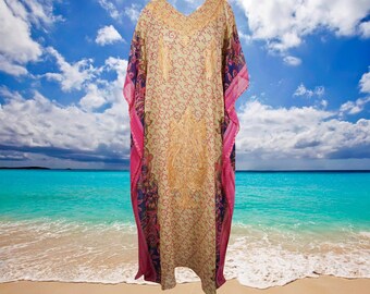 Womens Resort Wear Caftan, Cruise Maxi Dress, Orange Beige SHEER Kimono Kaftan, Georgette Embroidered Travel Dresses ONE SIZE L-4XL
