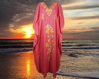 Womens Kaftan Maxidress, Travel Maxi Dresses, Pink Embroidered Caftan Dresses, Loose Flowy Dressy Caftan Dress One Size L-3XL
