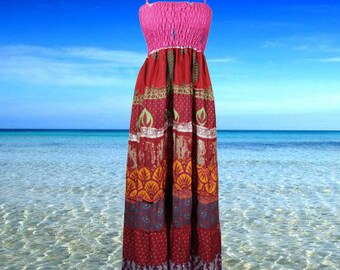 Womens Maxi Dress, Strap Dresses, Fuscia Red Pink Flared Sleeveless Dress, Summer Gorgeous Soft Recycle Sari Boho Beach Long Dresses SM