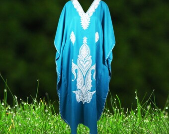 Womens Kaftan Maxi Dress, Summer Blue Housedress, Beach Cover Up, Lounger, Resort Wear Plus Size Kaftan Dresses, One Size L-3XL