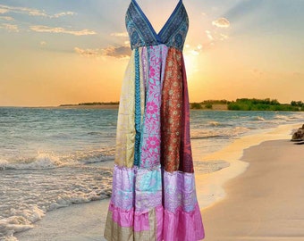 Womens Deep V Maxidress, Fall Maxi Dress, Colorful Euphoria Recycled Silk Maxi Dress, Boho Hippy Beach Dress, Gift ML