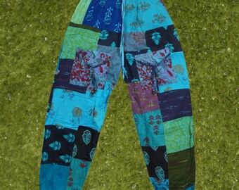 Ocean Blue Bohemian Cotton Patchwork Pants with Drawstring in Blue, Hippie Renaissance Faire, Stonewashed Cotton Travel Pant S/M/L