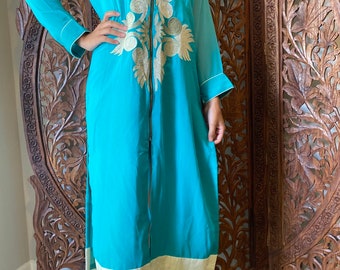 Womens Tunic Long Dress, Aqua Blue Solid Georgette Gypsy Embroidered kurti Front Zip Bohemian Chic Tunic Dresses M