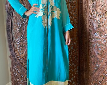 Womens Tunic Long Dress, Aqua Blue Solid Georgette Gypsy Embroidered kurti Front Zip Bohemian Chic Tunic Dresses M