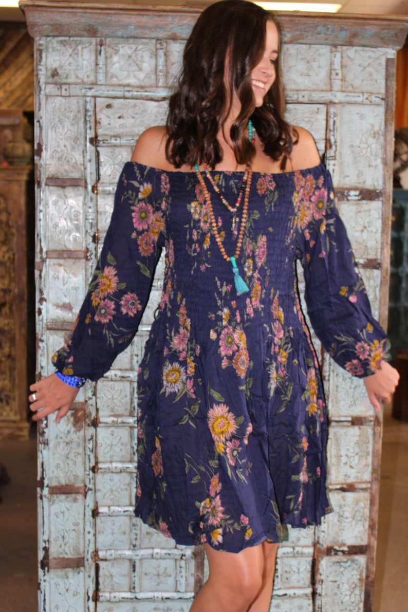 Bohemian Dresses Gypsy Chic Blue Printed Fit Flare 34 Sleeve Fitted Summer Beach Festivals SunDress ML