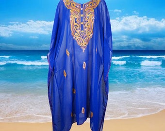 Women's Lounger Kaftan Dresses, Navy Blue Floral Embroidered Sheer Dress, Summer Beach Dresses, GIFT L-4XL One Size