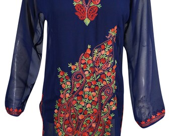 Womens Tunic Dresses Sheer Soft Sexy Alyssa Blue Georgette Floral Hand Embroidered Beach Cover RESORT YOGA VACAY Dress S