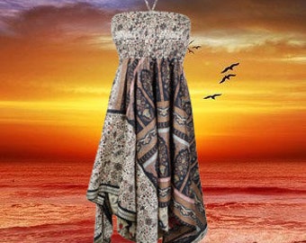 Womens Boho Sundress, Halter Dresses, Black White Summer Dress, Printed Handkerchief Hem Upcycled Silk Sari Beach Halter Dress S/M