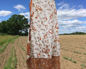 Womens Magic Wrap Skirt, Floral Double Layers White Orange Wrap Skirts, Recycled Sari Wrap Skirt, Handmade Fashion, Gift, One size