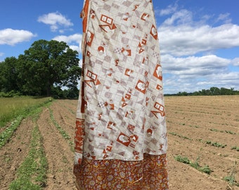 Womens Magic Wrap Skirt, Floral Double Layers White Orange Wrap Skirts, Recycled Sari Wrap Skirt, Handmade Fashion, Valentine Gift, One size