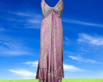 Recycle Sari Silk Maxi Dress, Elegant Floral Dress, Summer Dress for Women, Pink Print Beach Dress, Halter Dress S/M