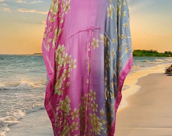 Women Boho Beach Kaftan, Pink, Gray , Caftan, Floral Silk Kaftan, housedress, Beach Coverup, Summer Caftan, Resort, Cruise Caftan L-2X