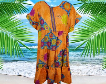 Flutter Sleeve Boho Dress, Orange, Floral, Casual, Recycle Silk Tiered Short Dresses Shift Dress, Boho Day dress, M