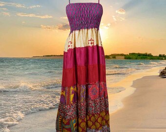 Women Handmade Party Evening Dress, Sari Silk Maxi Dress, Red Purple Summer Beach Wear Dress, Holiday Dress Festival Dress, Hippie Dress S/M