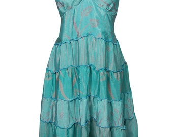Dream Believer Recycled Sari Dress Spaghetti Strap Blue Printed Beach Dresses S/M