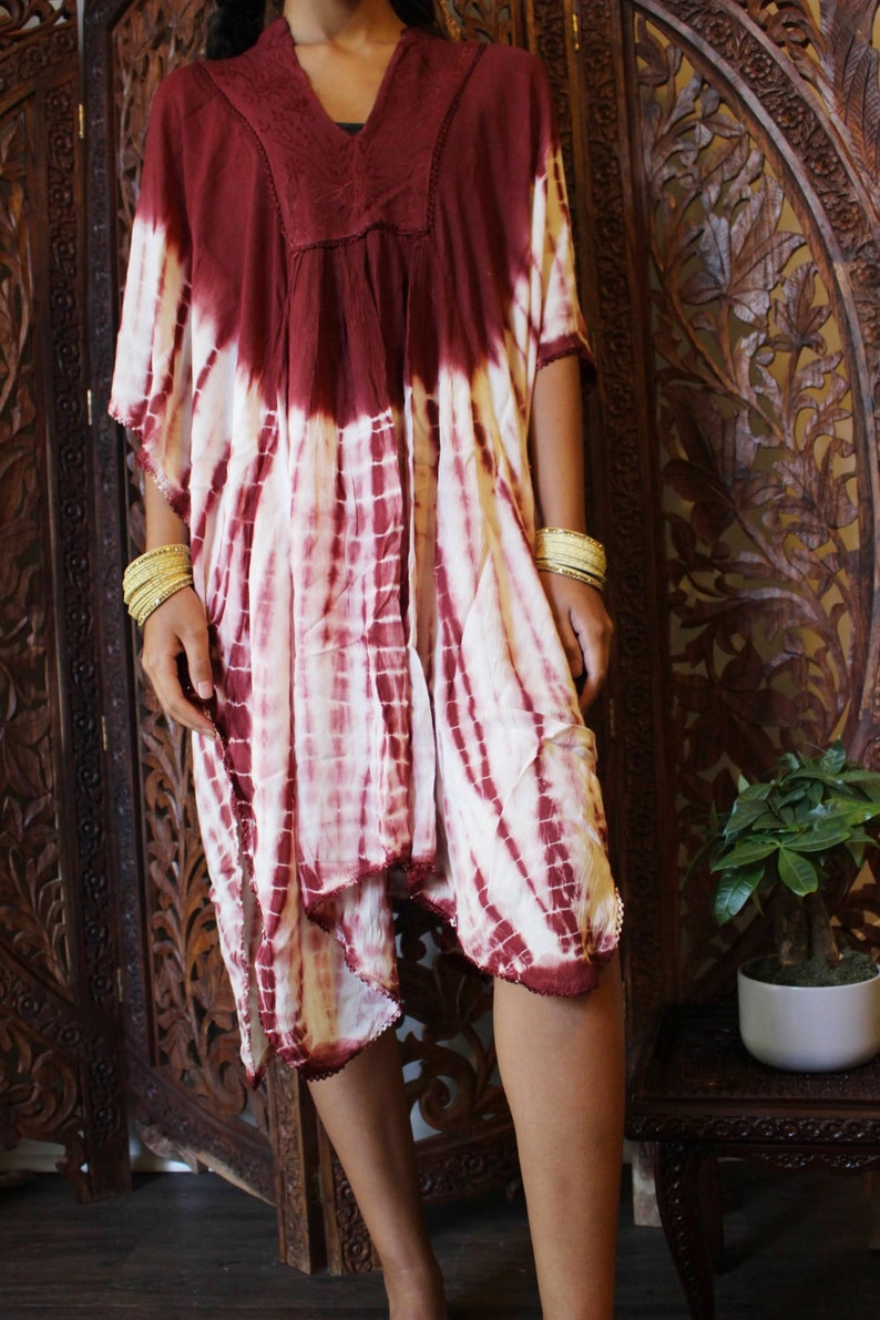 Tie Dye White Blue Caftan Tunic Cover Up Resort Wear Tunic Dress One size M-2X Womens Caftan Dress Knee Length Short Kaftan Dresses