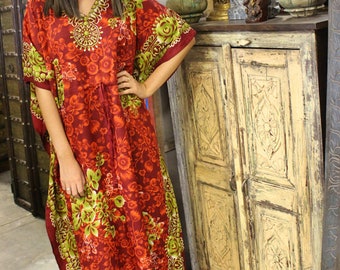 Womens Kaftan, Maxi Dress, Caftan, Red Floral Printed Dress, Beach, Resort, Vacation, Cruise, Pool, Lounge, Gift L-2XL