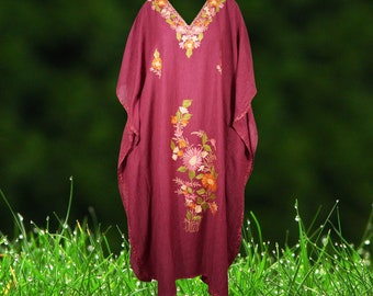 Women's Kaftan Maxi Dress, GIFT, Carmine Pink Boho Maxi Dress, Lounger, Cotton Floral Embroidered Caftans, oversize L-2XL One Size