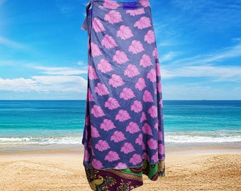Women's Pink Purple Reversible Long Wrap Skirt, Boho Silk Sari Wrap Around Skirts, Printed Summer Beach Cover Up Magic Wrap Skirts One size