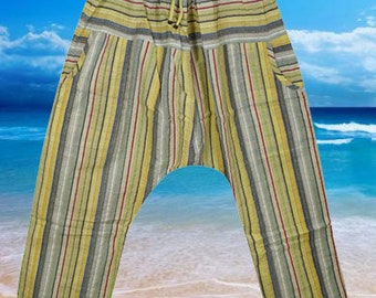 Mens Pirate Drop Crotch Pants, Hippie Stripes Seersucker Drawstring Pants, Yellow Gray, Hippy Pants, Baggy Pants S/M/L