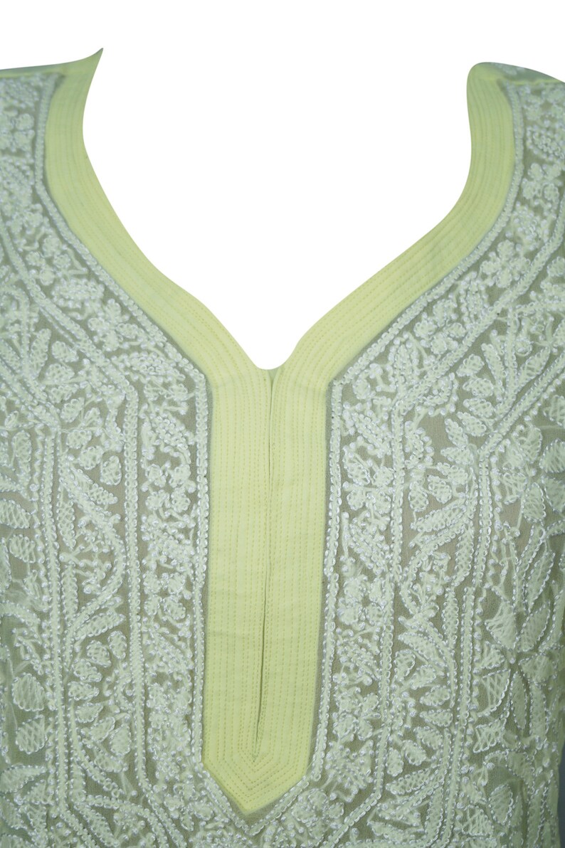 Womens Tunic Maxi Dress Yellow Embroidered Designer Georgette Indian Kurti Bikini Cover Up L
