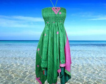 Women's Floral Halter Dress, Green Bohemian Recycled Summer Travel 2 Layer Beach Sundress S/M
