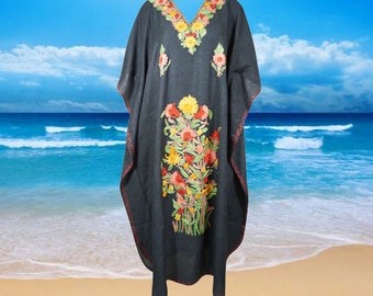 Women's Travel Caftan Maxi Dress, Jet Black Floral Embroidered Kaftan Dress, Handmade Gift, Cotton Cruise Beach Dresses ONE SIZE L-2XL