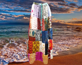 Womens Patchwork Maxi Skirt, Recycle Silk Colorful Beach Skirt, Patch work Festival Handmade Boho Chic Long Skirts S/M/L
