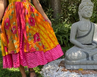 Women Yellow Pink Halter Neck Summer Dress, Handkerchief Hem Recycled Silk Sari Beach Resort Wear Sundress Boho Beach Dress S/M